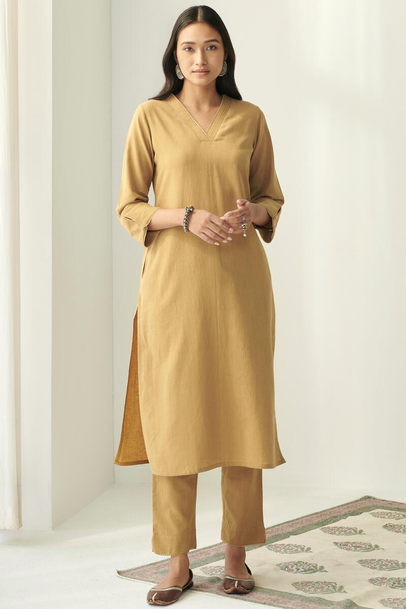 Mustard Handcrafted Straight Cotton Kurta