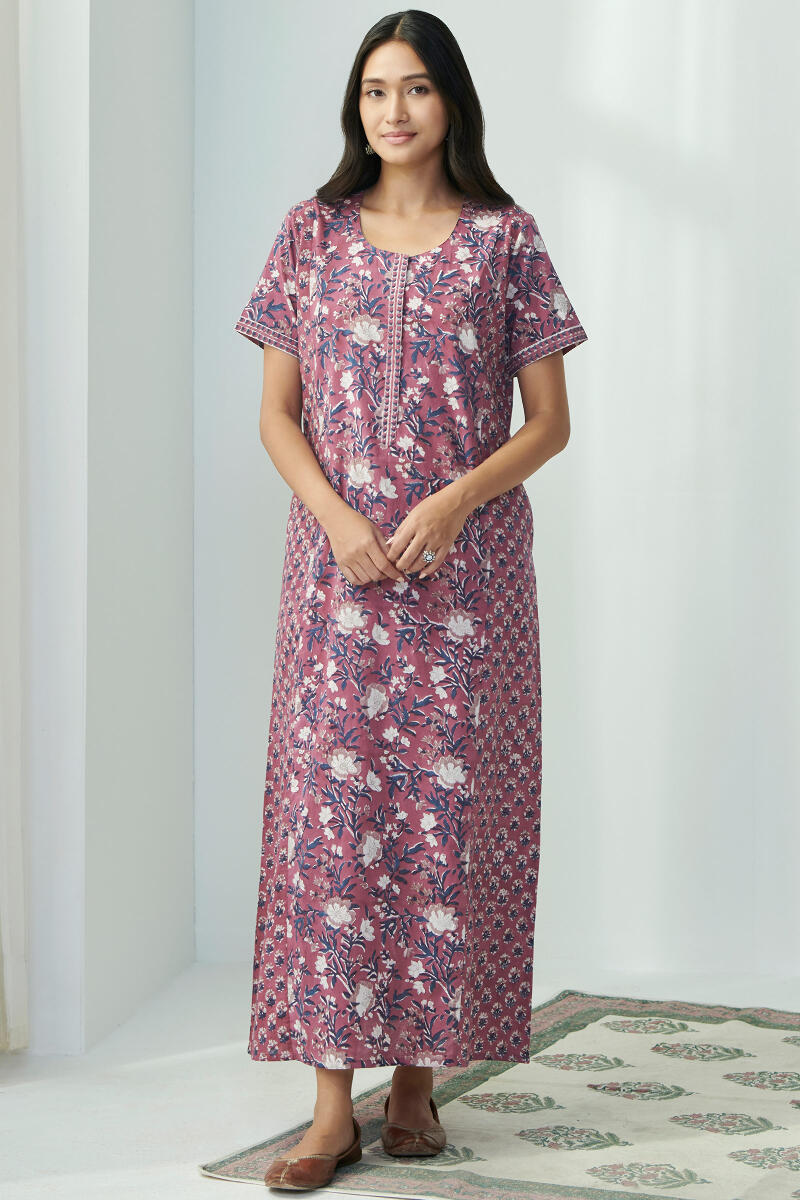 Maroon Hand Block Printed Cotton Kaftan