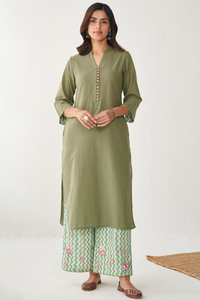Green Handcrafted Straight Cotton Kurta