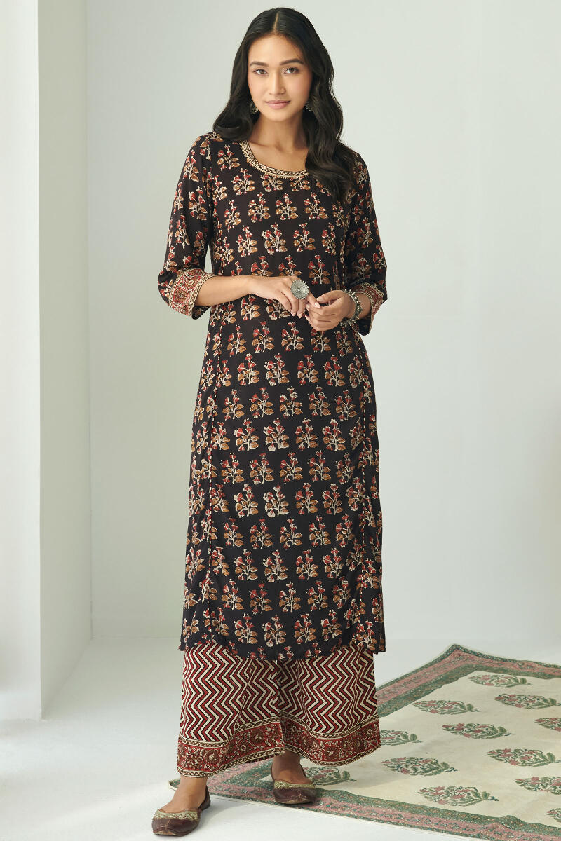 Black Hand Block Printed Straight Shantung Kurta