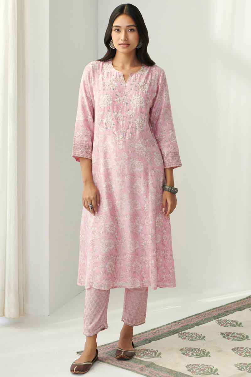 Pink Hand Block Printed Straight Modal Kurta