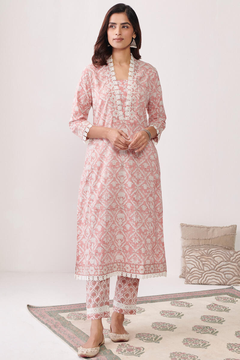 Pink Hand Block Printed Straight Cotton Kurta