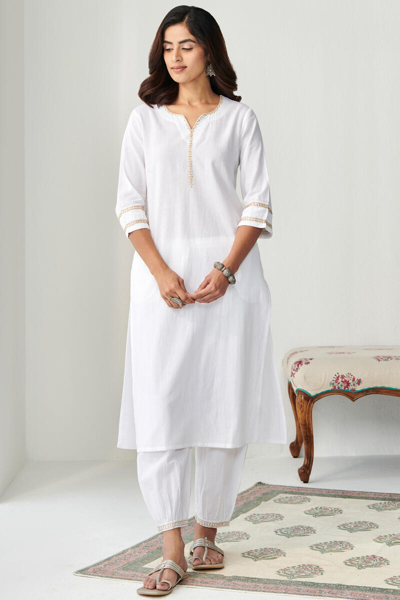 White Handcrafted Straight Cotton Kurta