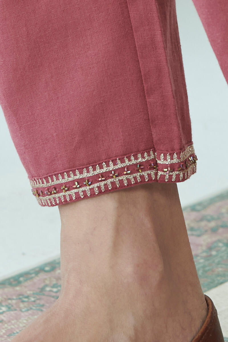 Red Handcrafted Cotton Narrow Pants