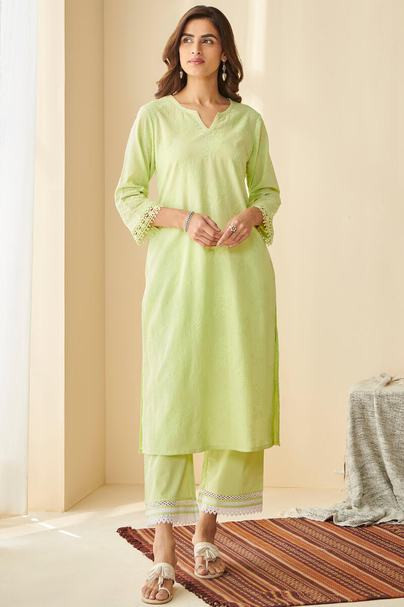 Green Handcrafted Straight Cotton Kurta