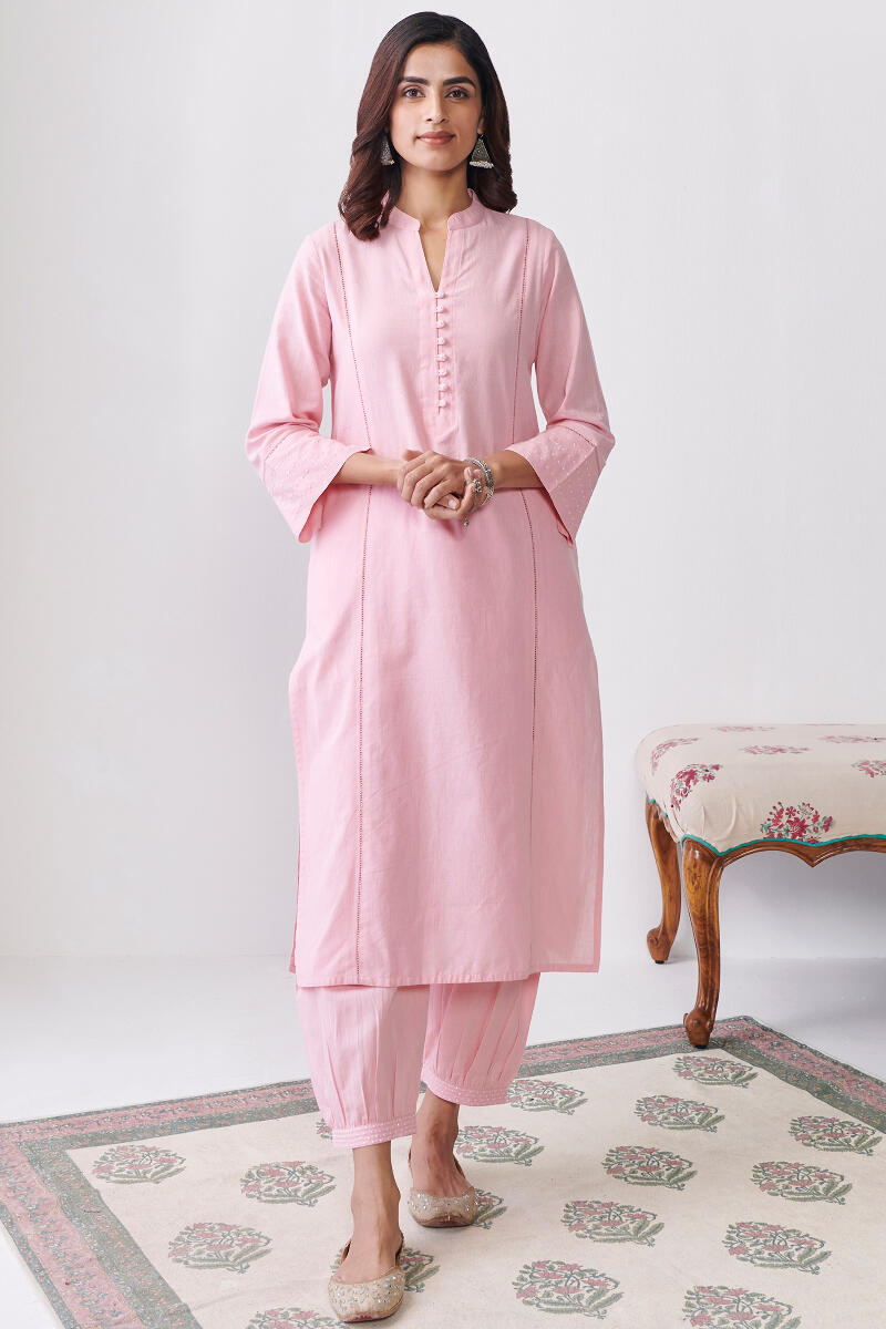 Pink Handcrafted Straight Cotton Kurta