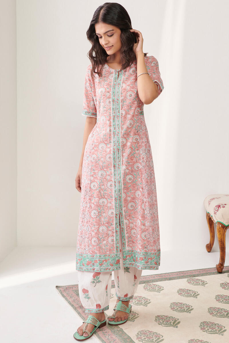 Pink Hand Block Printed A-Line Cotton Kurta