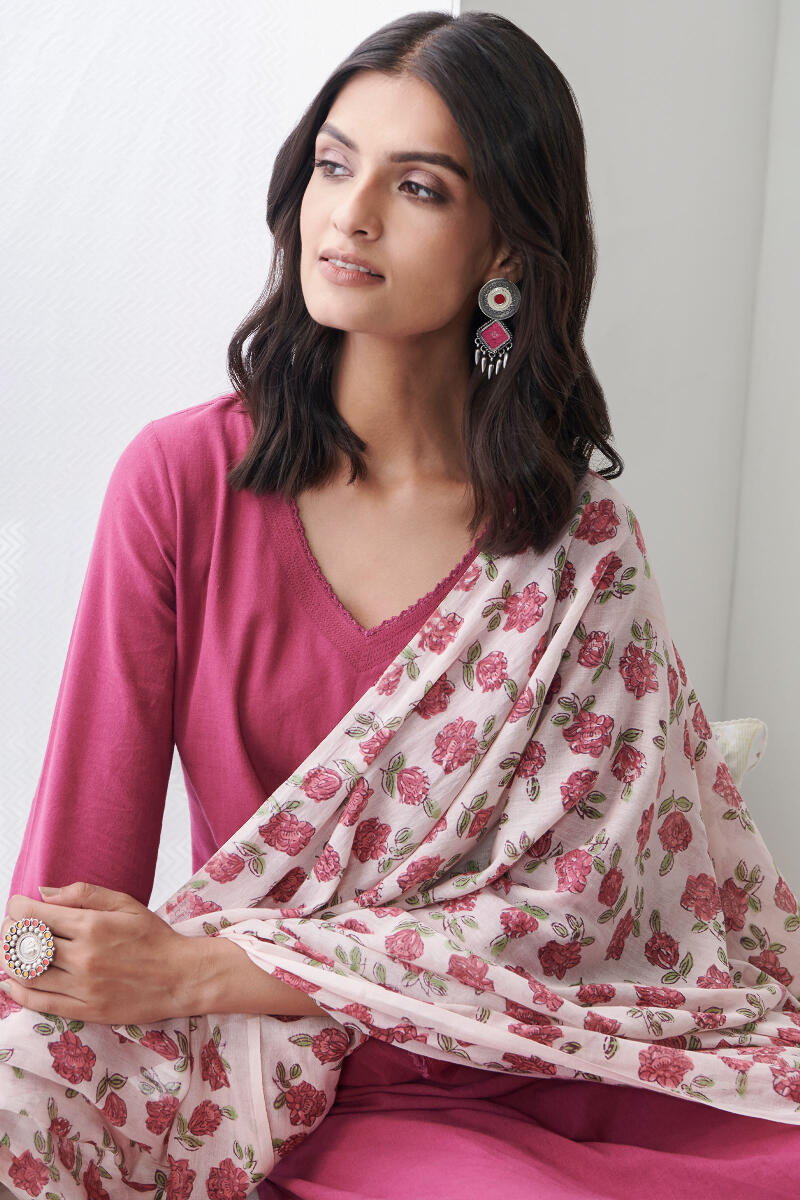 White Hand Block Printed Cotton Mul Dupatta