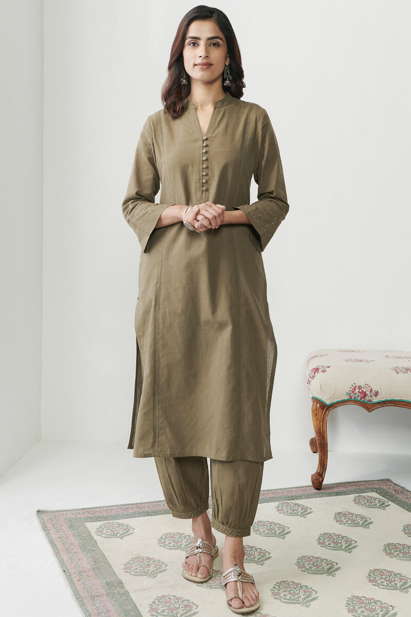 Green Handcrafted Straight Cotton Kurta