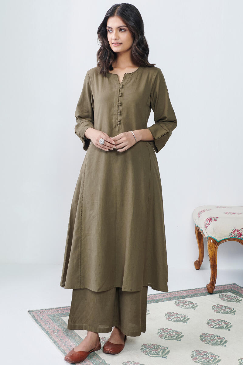Buy Khaki Handcrafted A Line Cotton Kurta for Women FGMK22 248 Farida Gupta