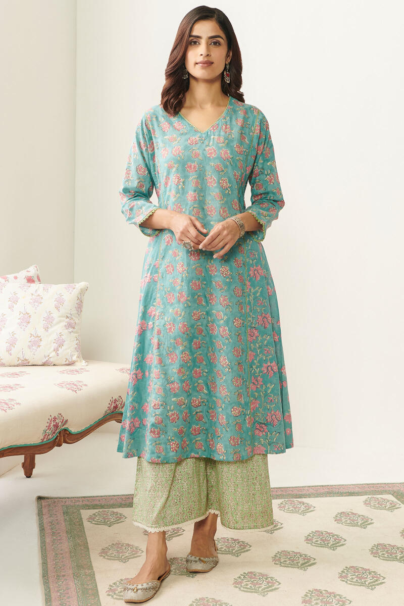 Blue Hand Block Printed A-Line Cotton Kurta
