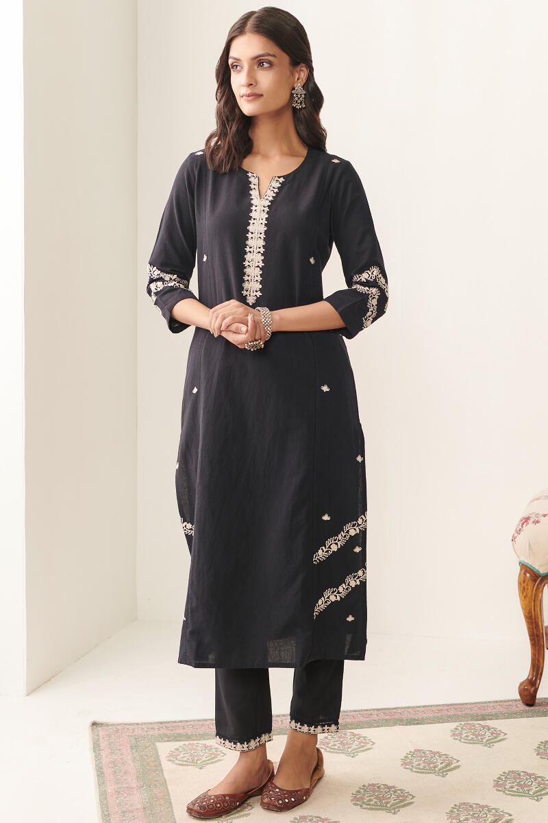 Black Handcrafted Straight Cotton Kurta