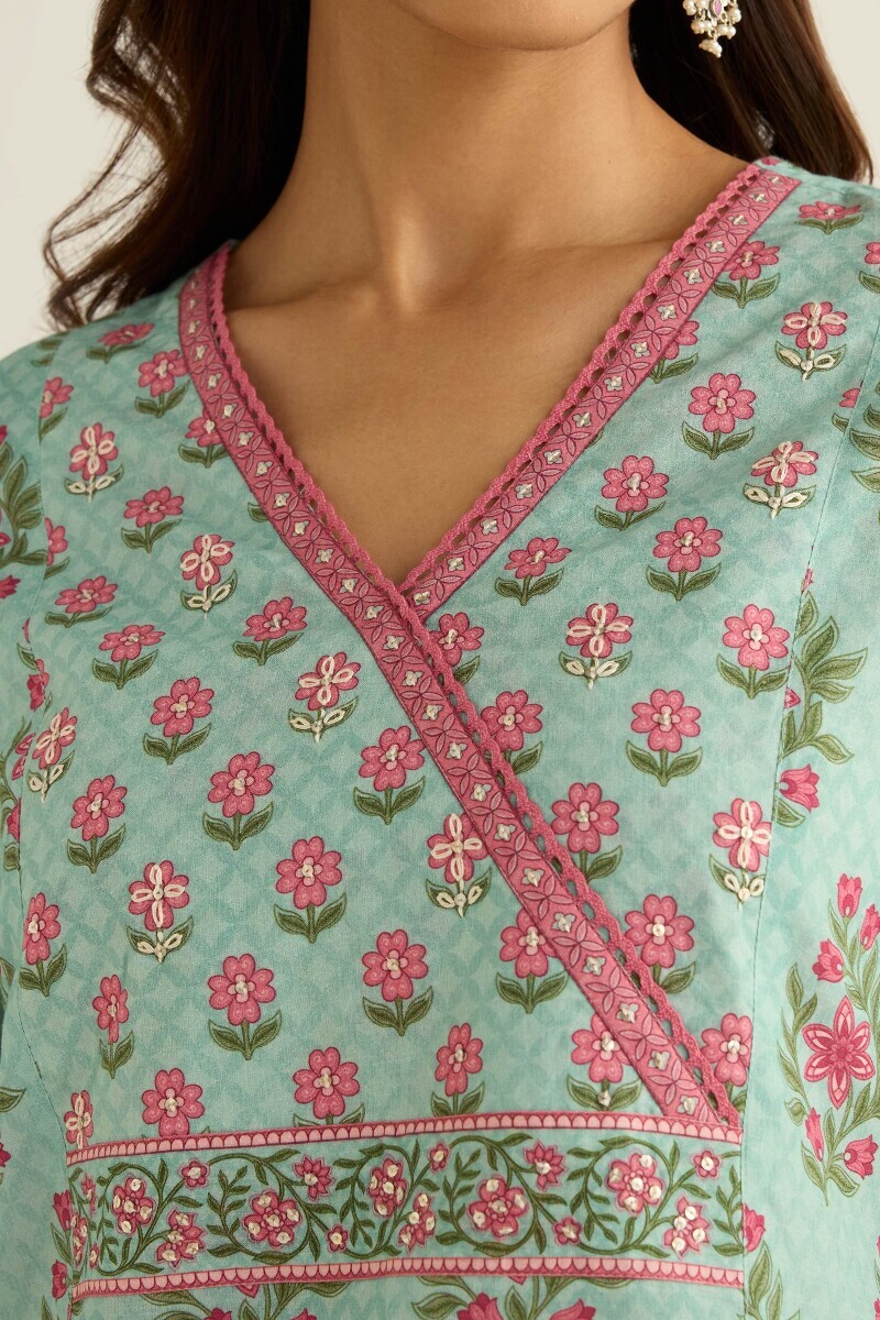 Blue Printed Straight Cotton Kurta