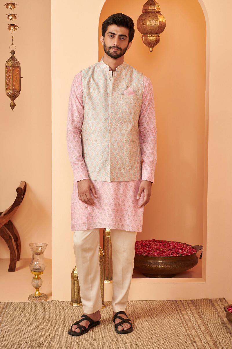 Blue Hand Block Printed Chanderi Nehru Jacket