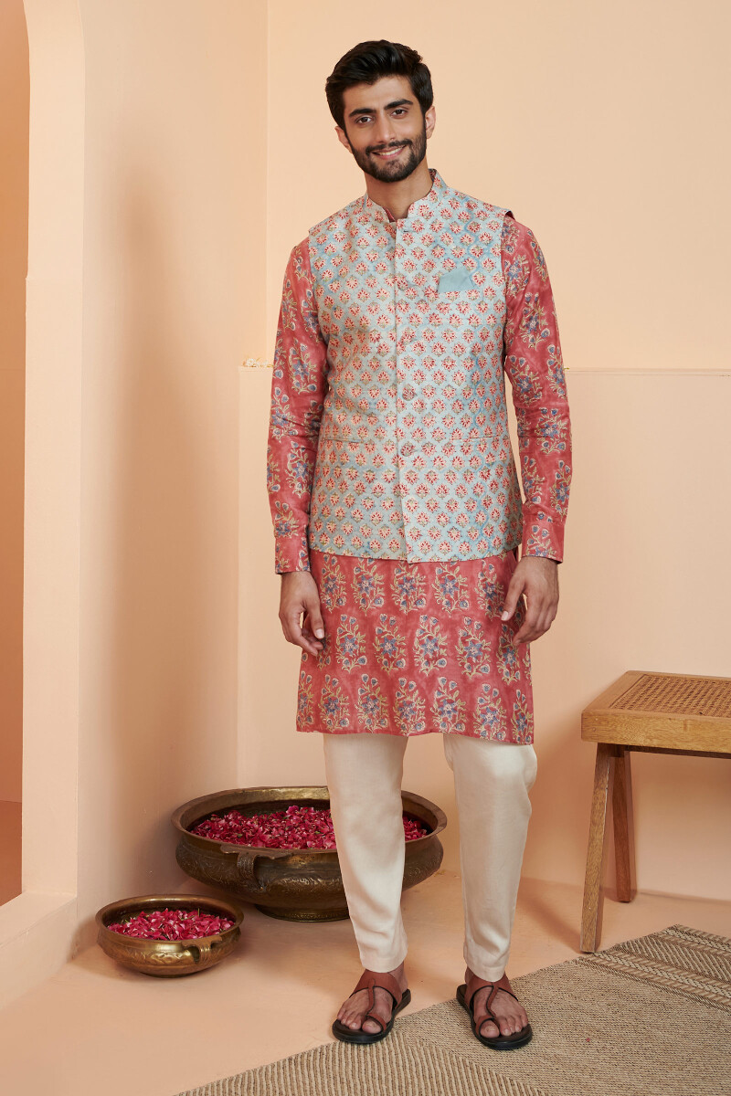 Blue Hand Block Printed Chanderi Nehru Jacket