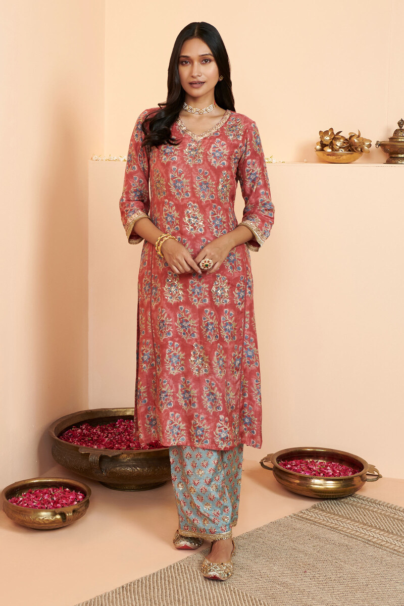 Red Hand Block Printed Straight Modal Kurta
