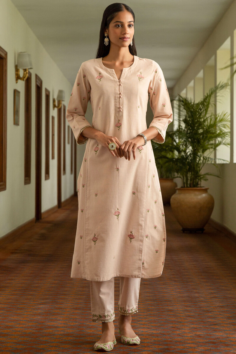 Pink Handcrafted Straight Cotton Kurta