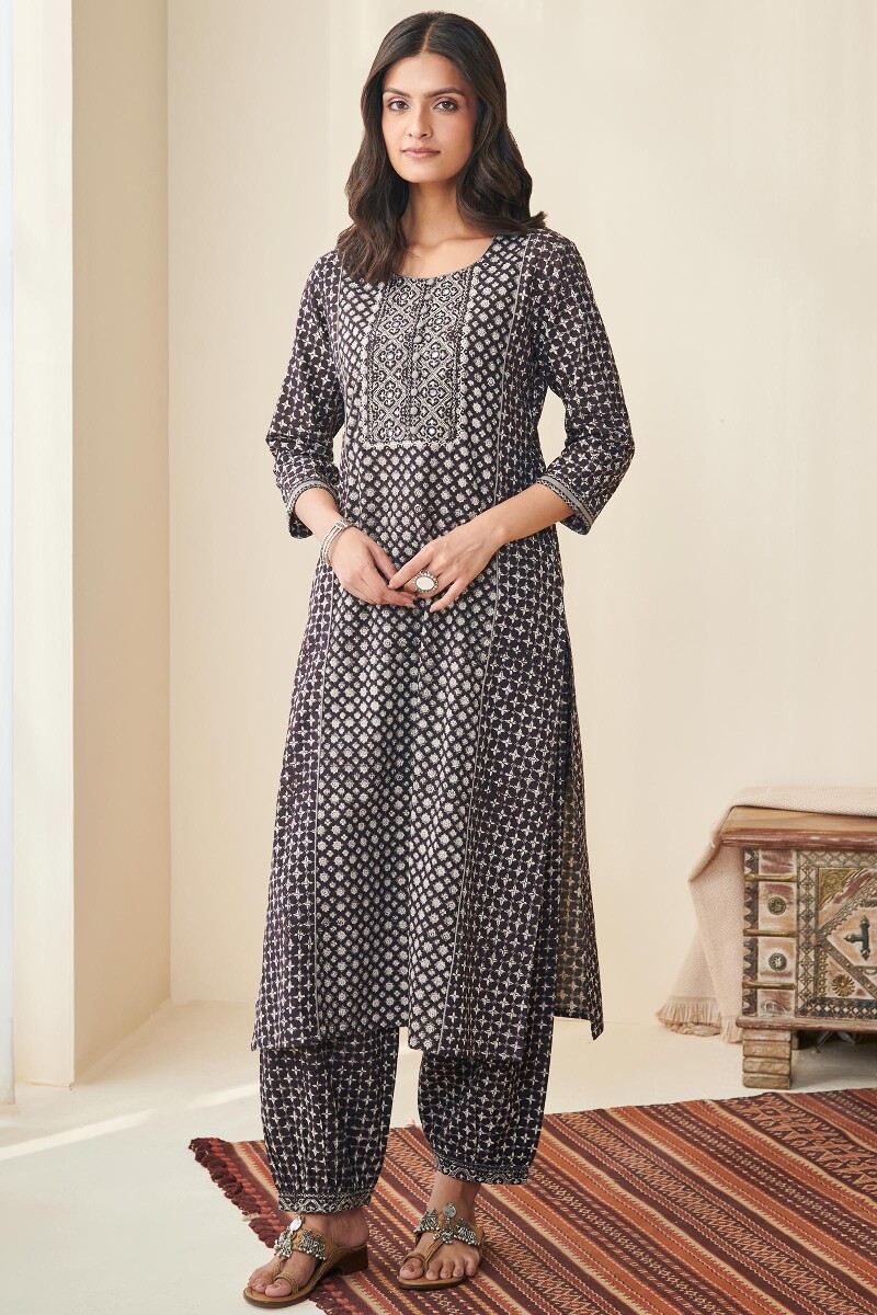 Black Hand Block Printed Straight Cotton Kurta