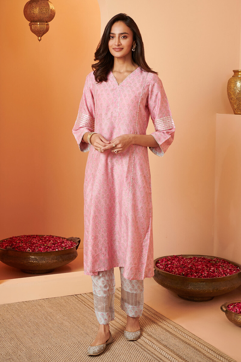 Pink Hand Block Printed A-Line Modal Kurta