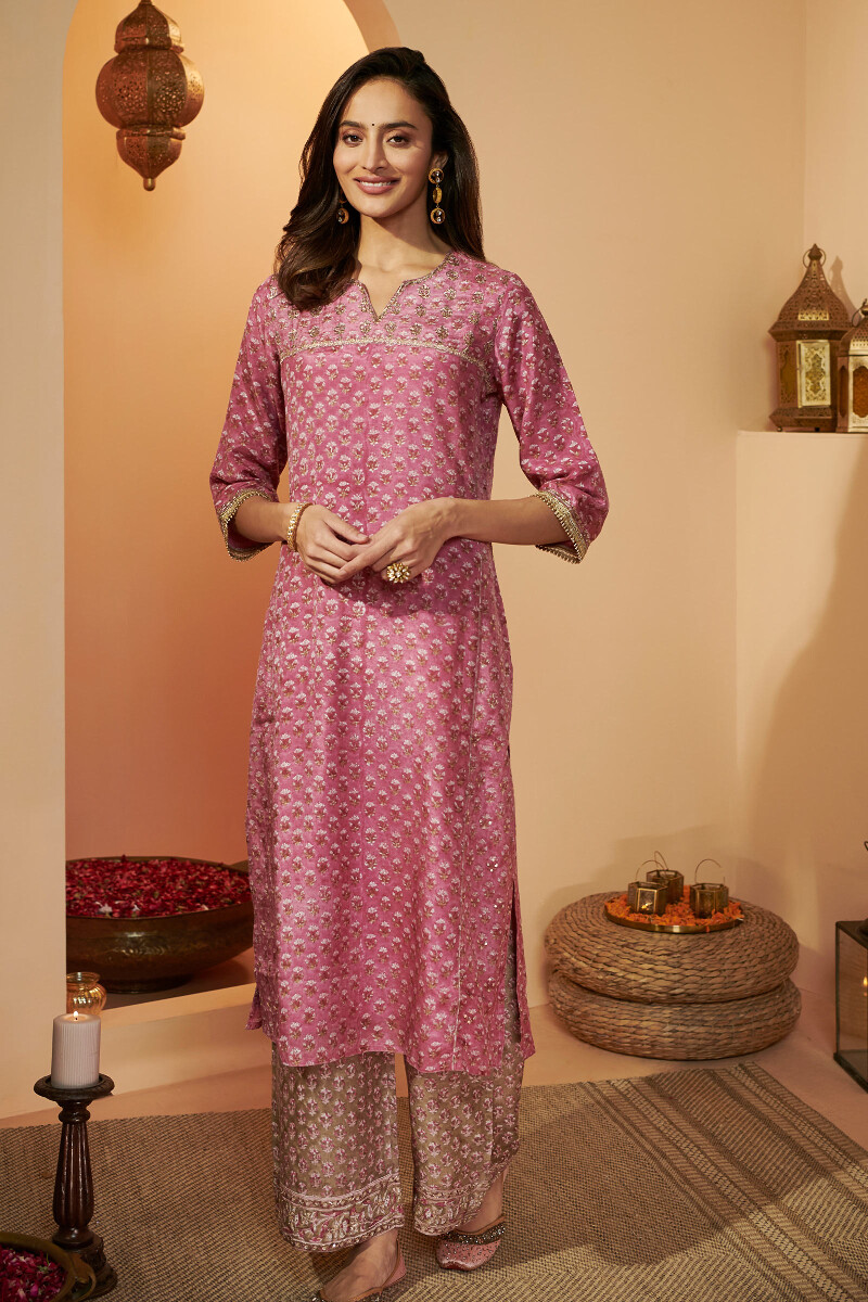 Purple Hand Block Printed A-Line Silky Modal Kurta