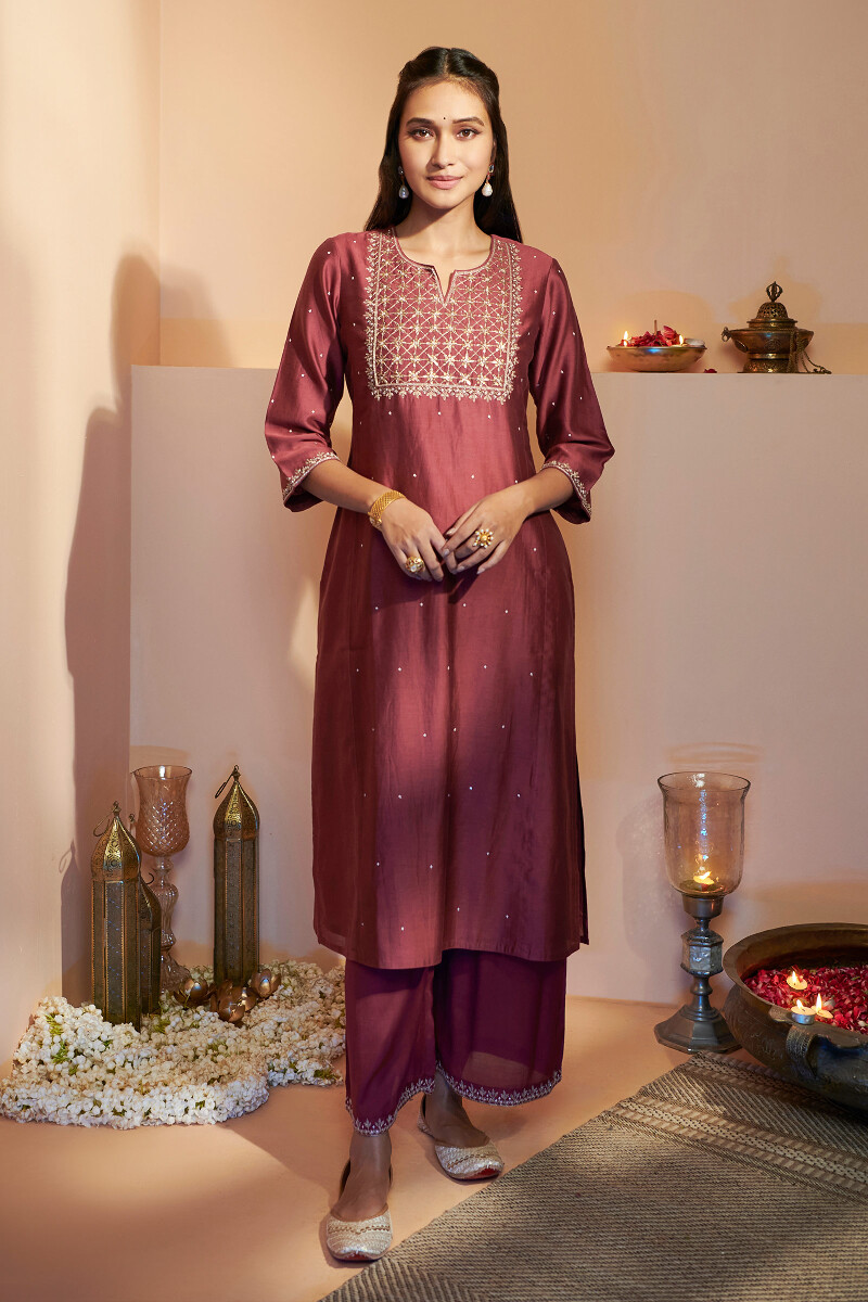 Maroon Handcrafted Straight Chanderi Kurta