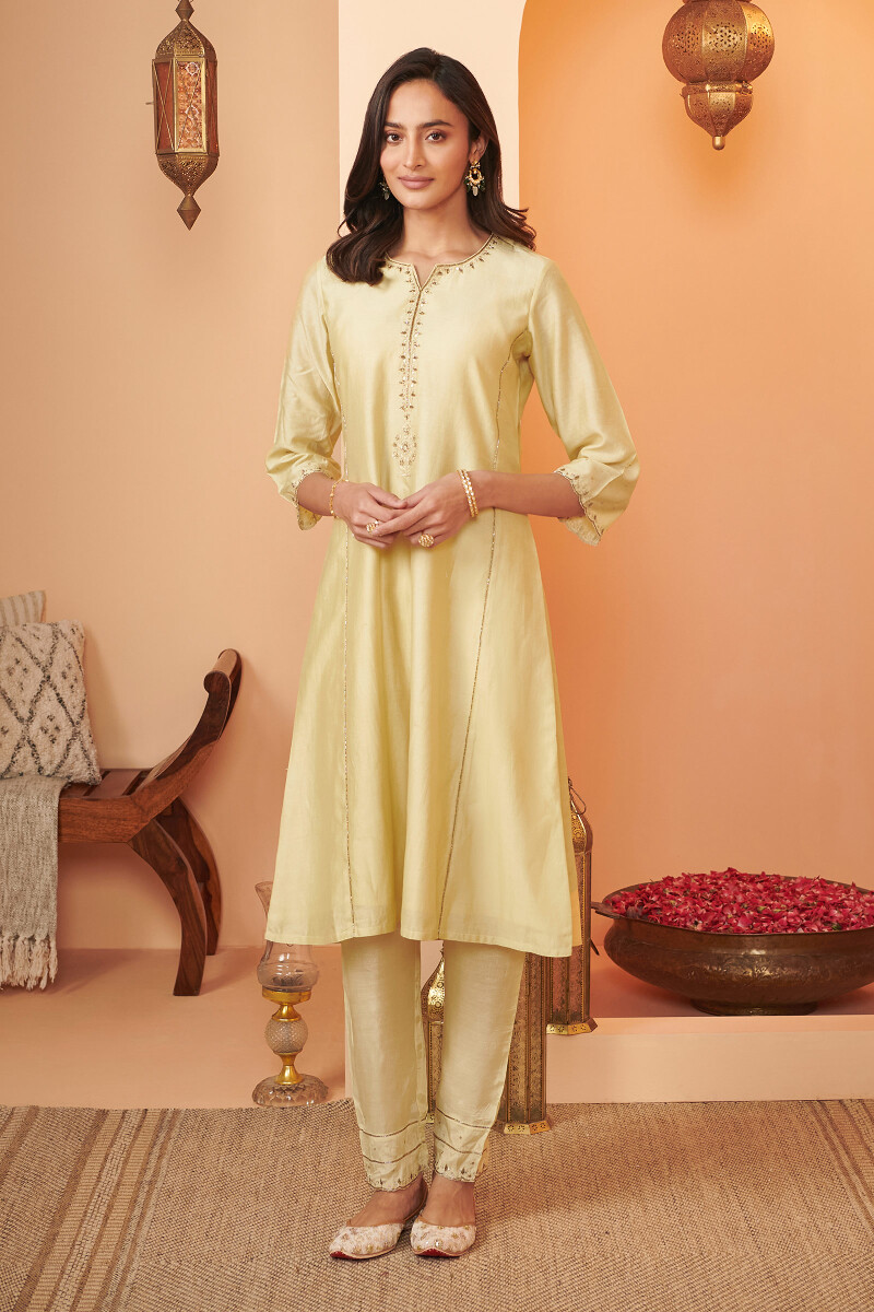 Yellow Handcrafted A-Line Chanderi Kurta