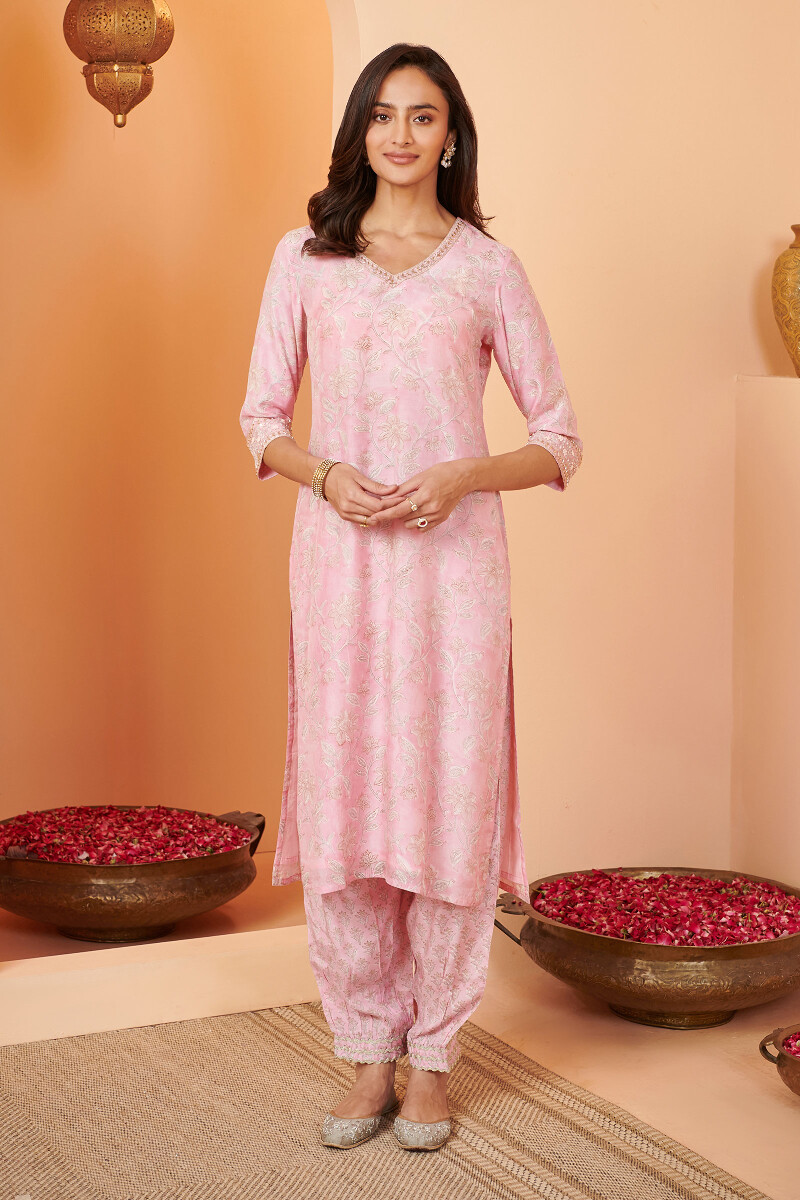 Pink Hand Block Printed Straight Modal Kurta