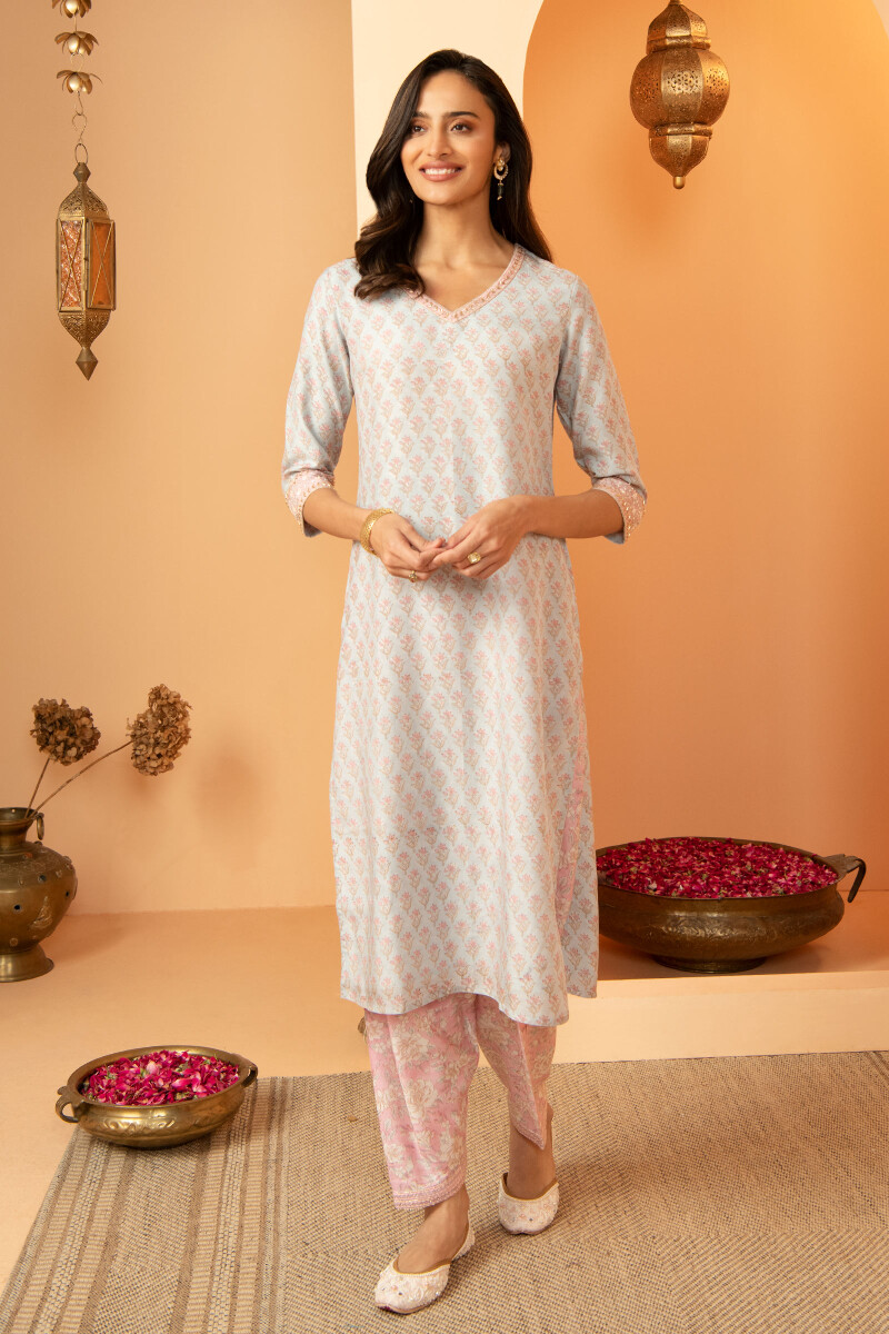 Blue Hand Block Printed Straight Modal Kurta