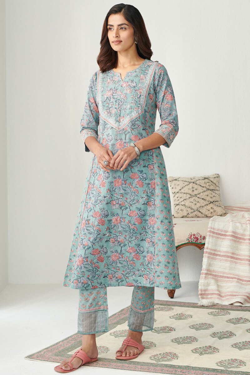 Blue Hand Block Printed A-Line Cotton Kurta