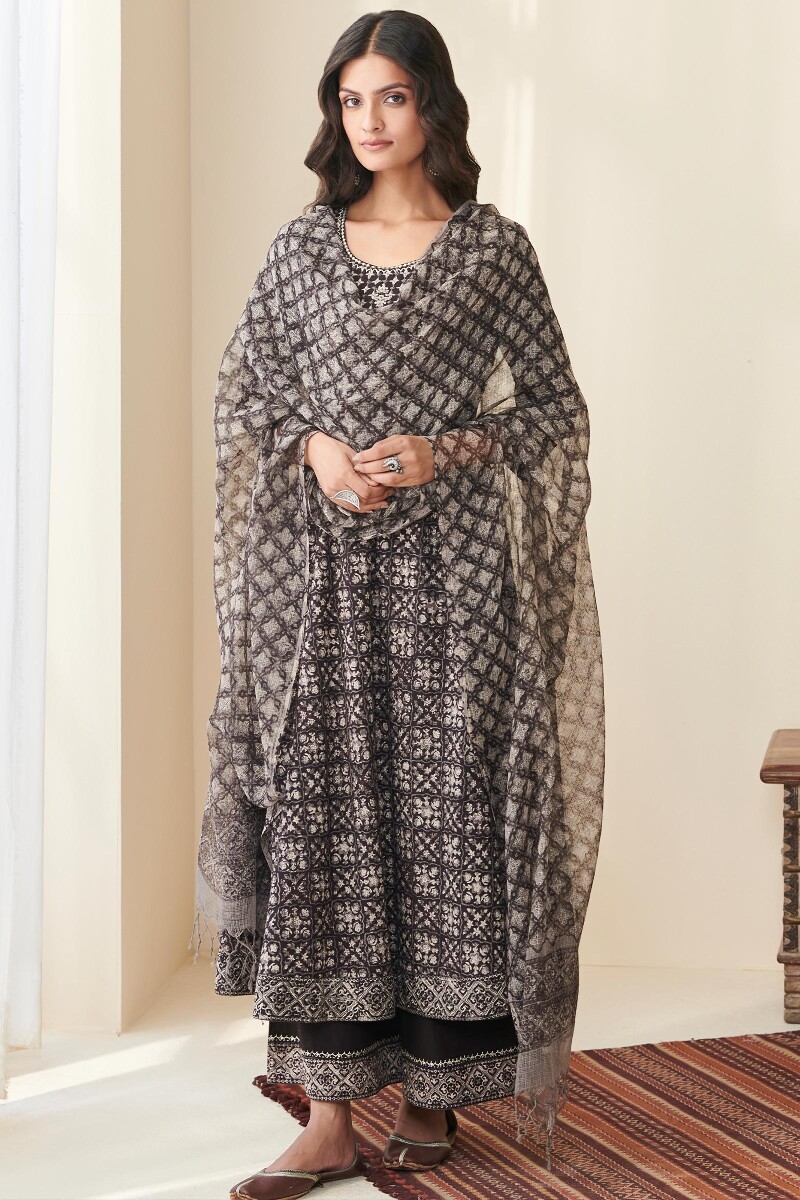 Black Hand Block Printed Kota Dupatta