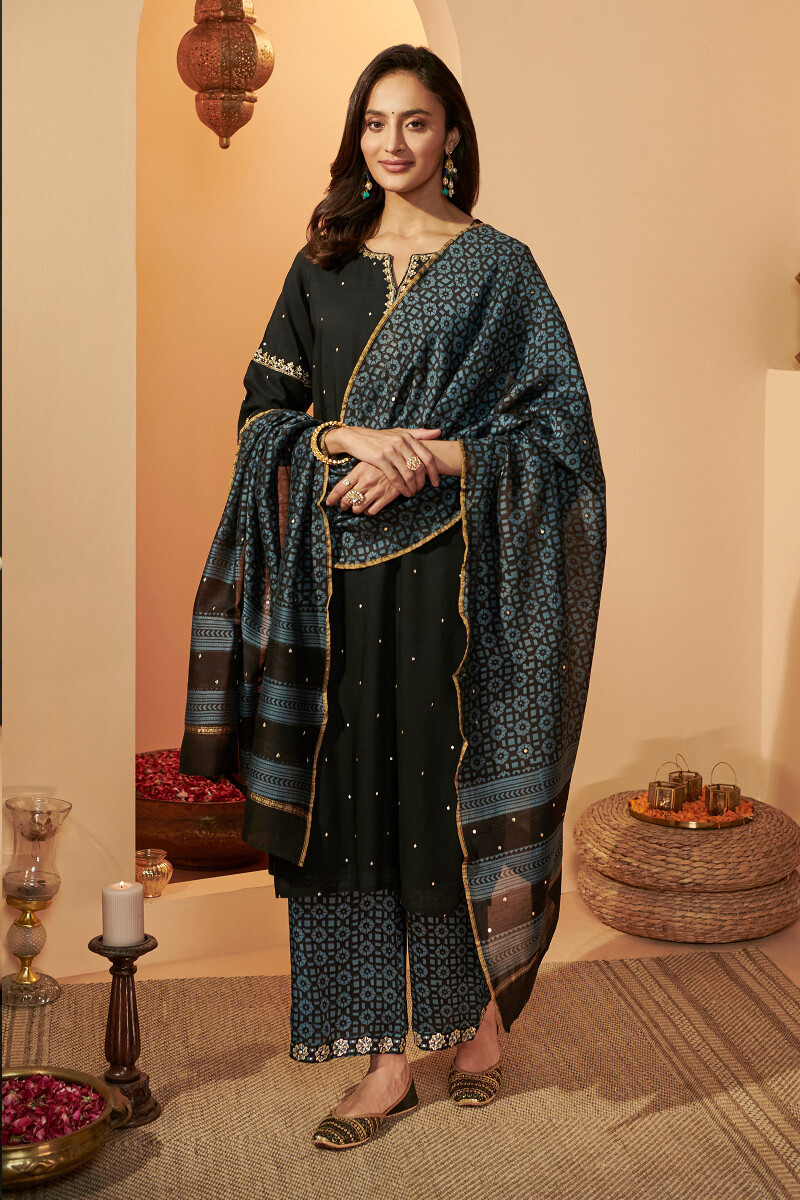 Indigo Hand Block Printed Modal Farsi