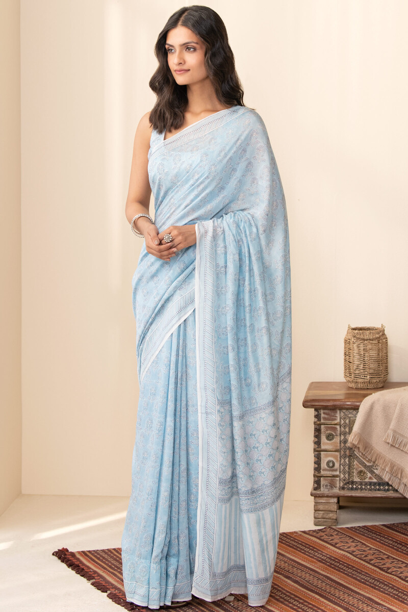 Blue Hand Block Printed Cotton Silk Saree