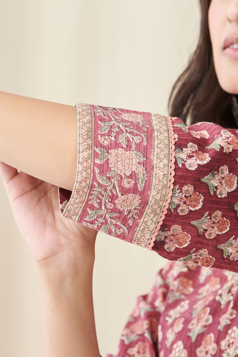 Maroon Hand Block Printed Anarkali Cotton Kurta