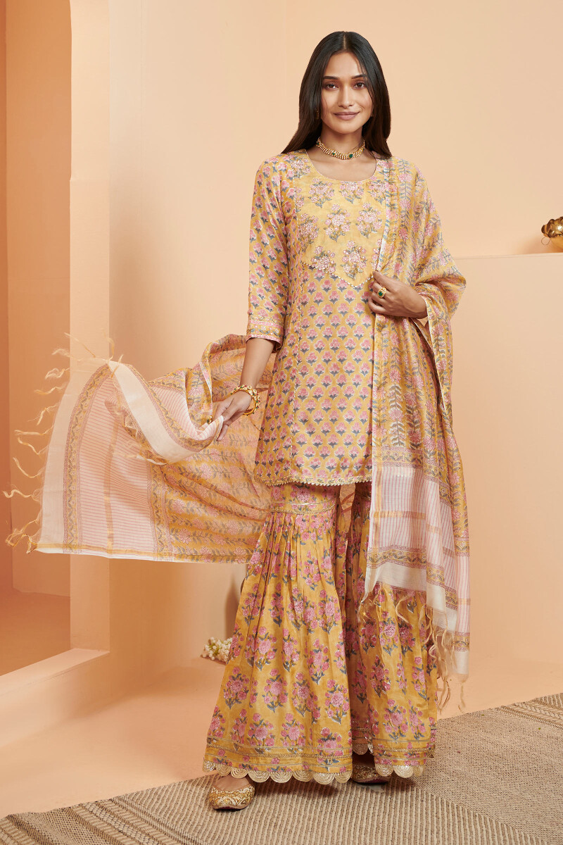 Yellow Hand Block Printed Modal Garara