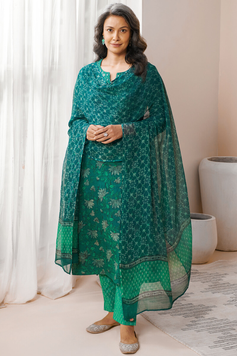 Green Hand Block Printed Cotton Narrow Pants