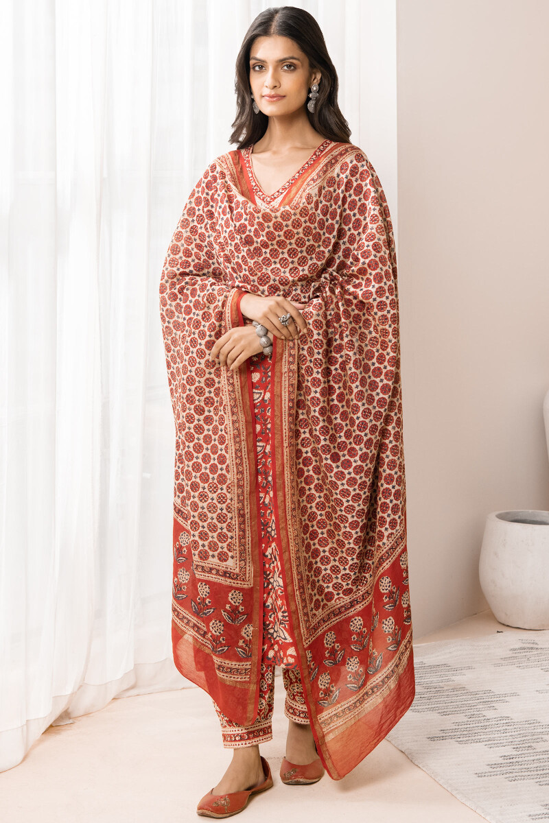 Red Hand Block Printed Chanderi Dupatta
