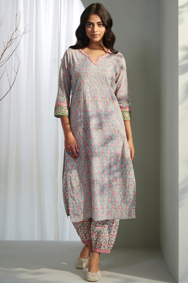 Grey Hand Block Printed Straight Cotton Kurta