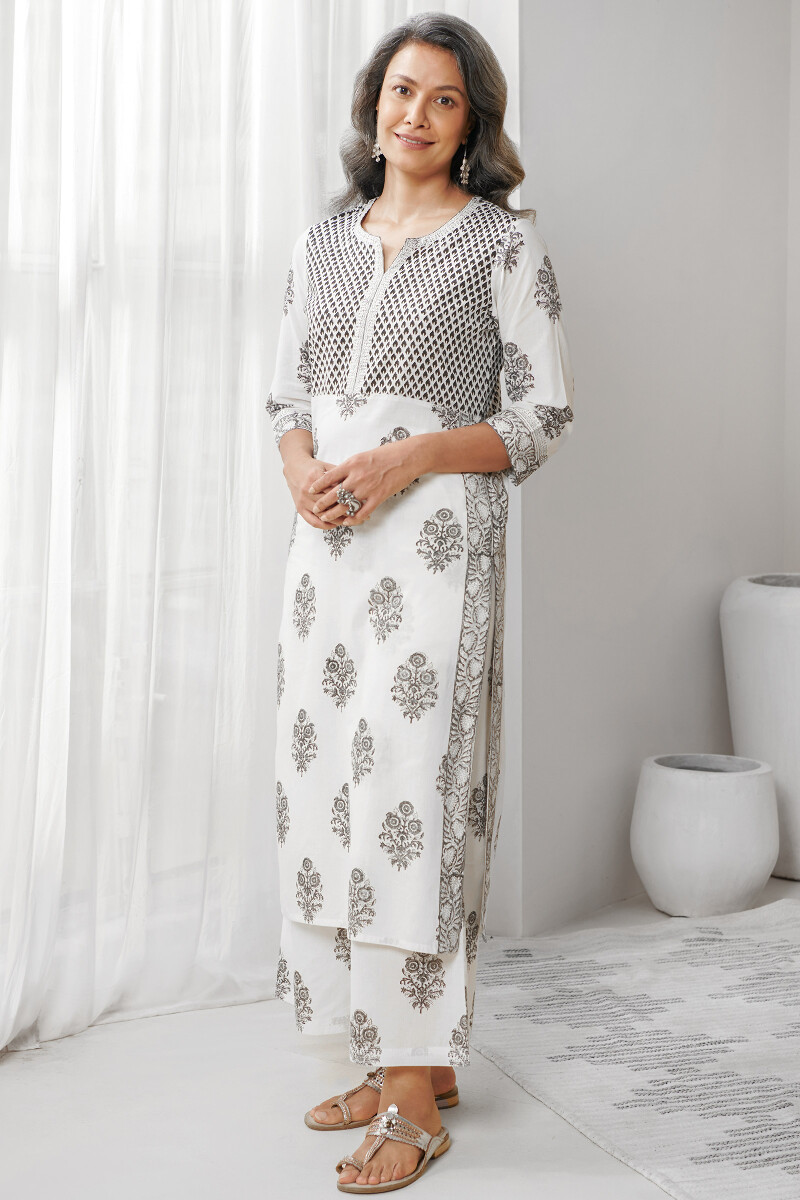 White Hand Block Printed Straight Cotton Kurta
