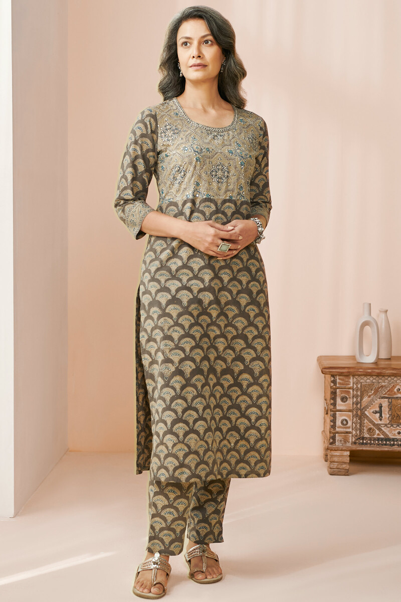 Brown Hand Block Printed Straight Cotton Kurta