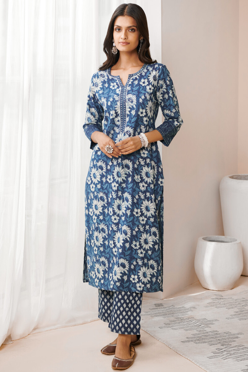 Buy Indigo Hand Block Printed Straight Cotton Kurta for Women FGMK22 451 Farida Gupta
