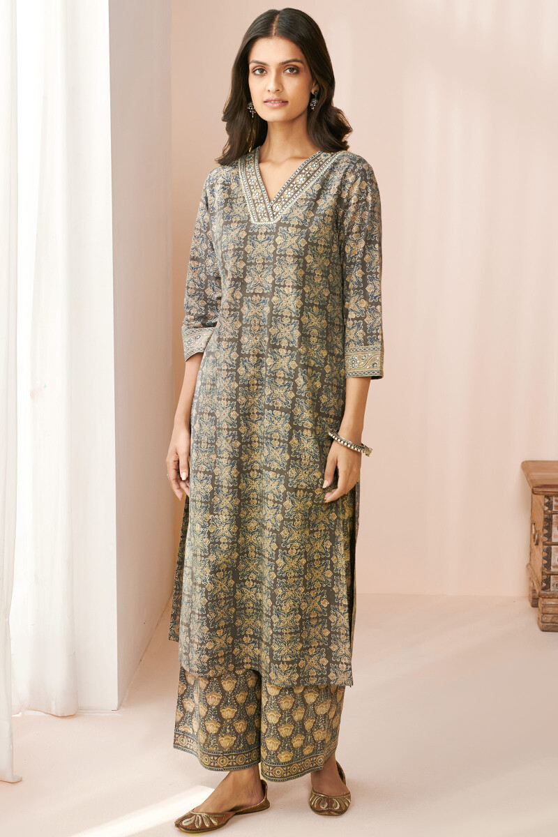 Brown Hand Block Printed Straight Cotton Kurta