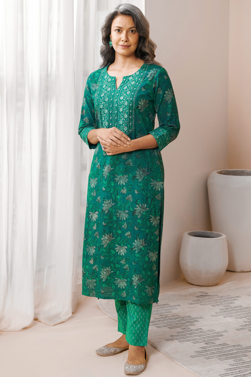 Blue Hand Block Printed Straight Cotton Kurta
