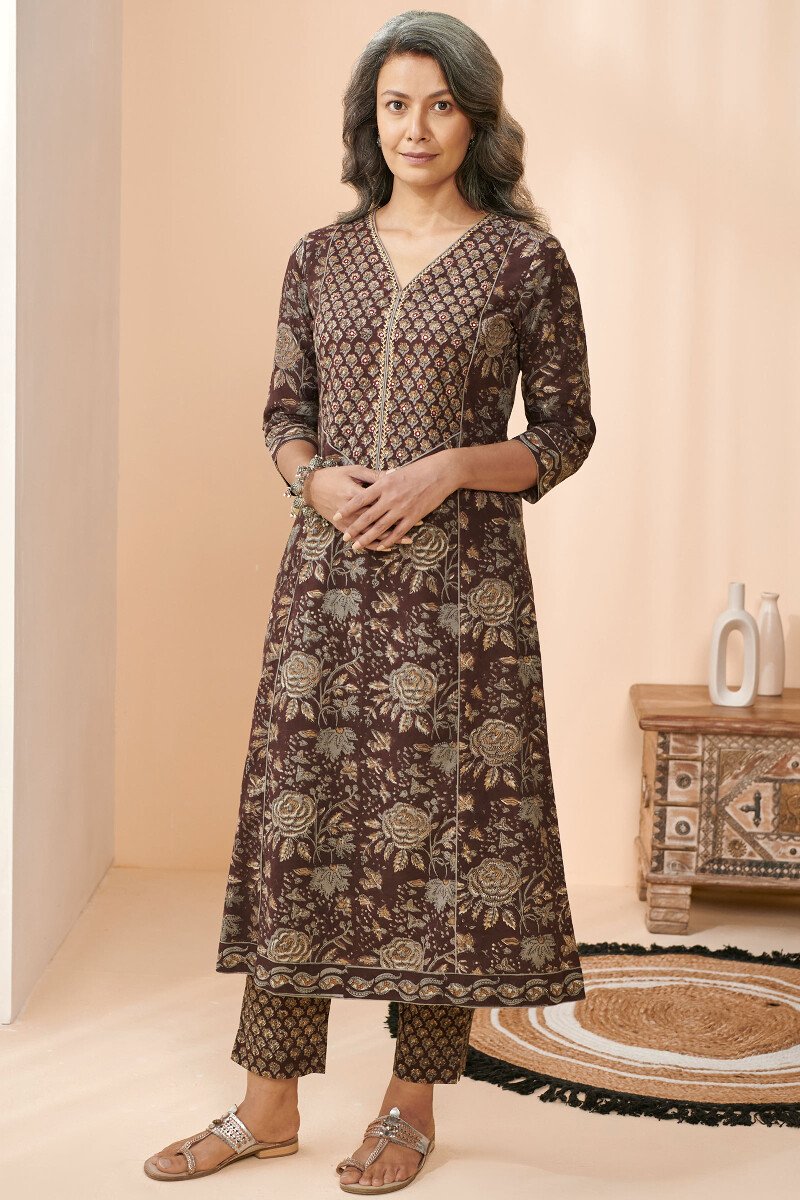 Brown Hand Block Printed A-Line Cotton Kurta