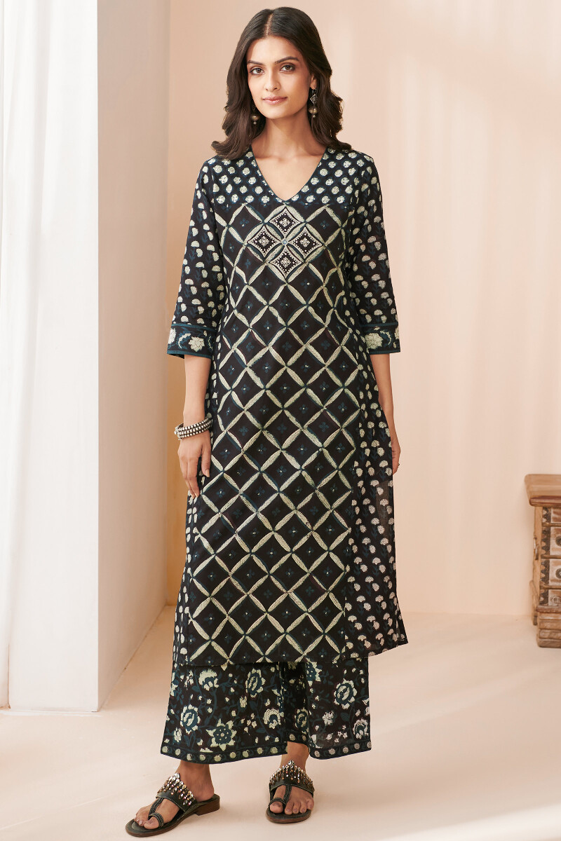 Black Hand Block Printed Straight Cotton Kurta