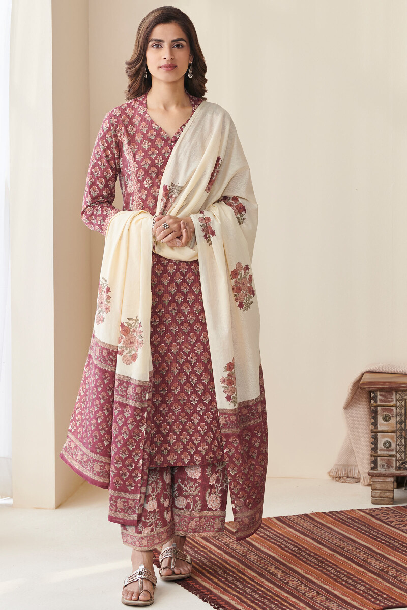 Maroon Hand Block Printed Cotton Farsi
