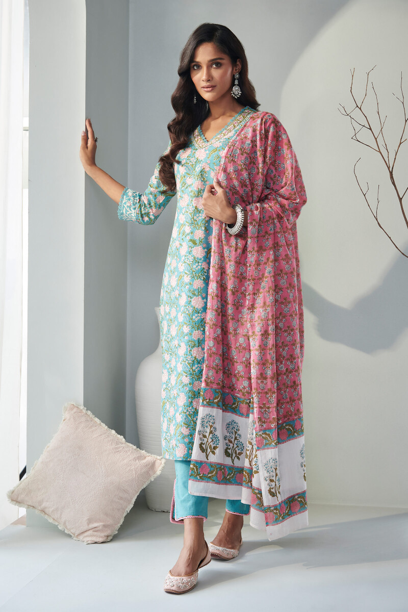 Pink Block Printed Cotton Dupatta