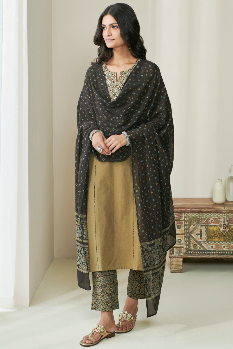 Brown Hand Block Printed Cotton Narrow Pants