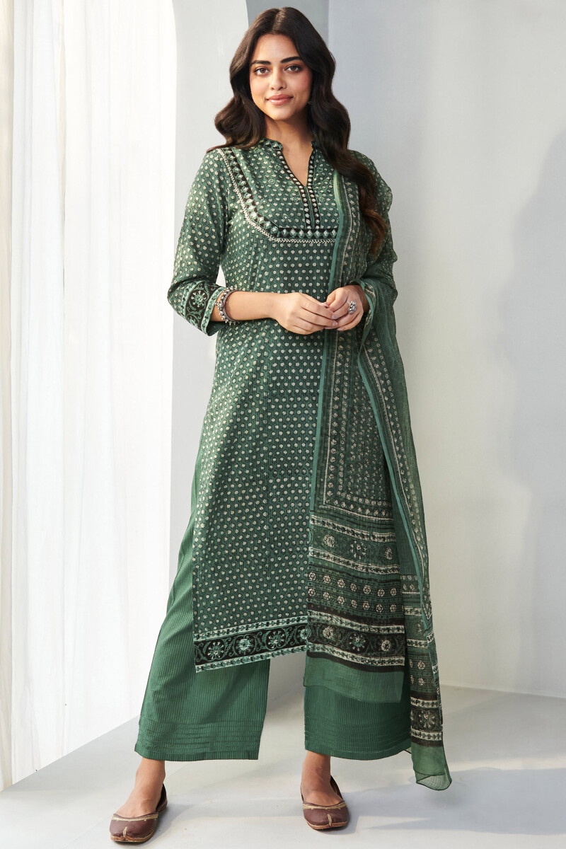Green Hand Block Printed Kota Dupatta