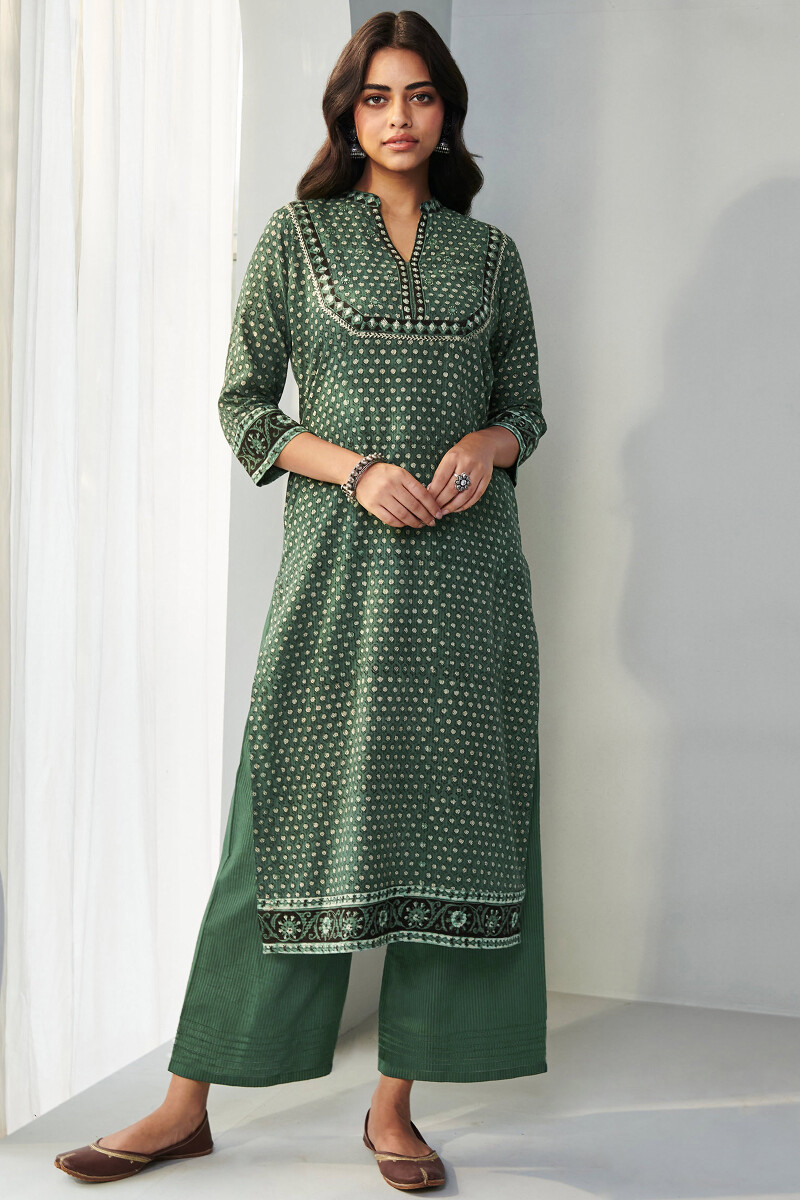 Green Hand Block Printed Straight Cotton Kurta