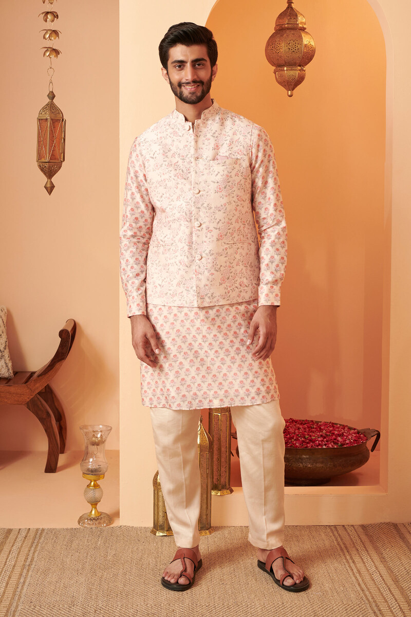 Pink Hand Block Printed Chanderi Nehru Jacket